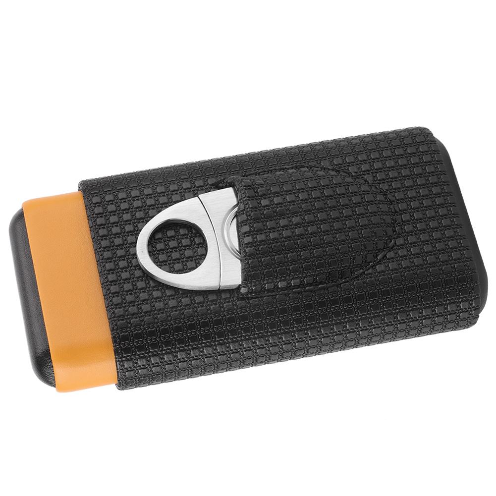 Leather Cedar Wood 3 Tube Travel Cigar Case Humidor with Cigar Cutter