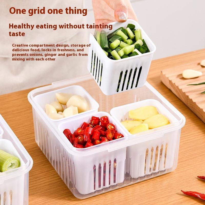 Kühlschrank Aufbewahrungsbox 4 Fächer Lebensmittel Gemüse Obst Aufbewahrungsbox Kühlschrank Organizer Abtropfkorb Fleisch Zwiebel Ingwer Klarer Frischhaltebehälter