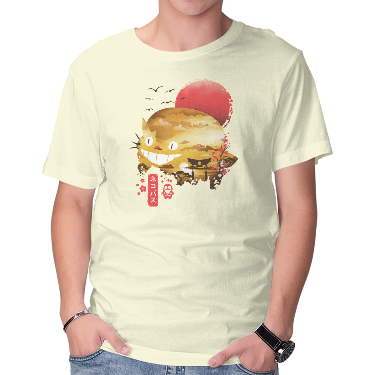 Unisex Crew Neck T-Shirt Ukiyo-E Catbus Graphic Short Sleeve Casual Tee M