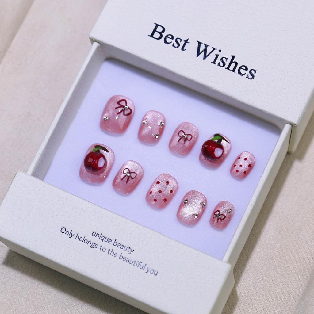 10 Pcs Handmade Short Black Cat Eye Press On Nails Reusable Stick On False Nails