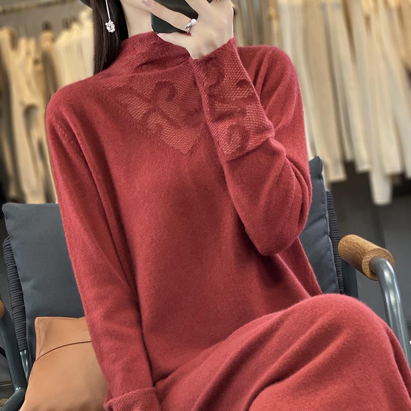 Women's Cashmere Dress Qinghe Cashmere 70% Wool 30% Cashmere Women's Autumn and Winter Cashmere Dress Soft and Warm