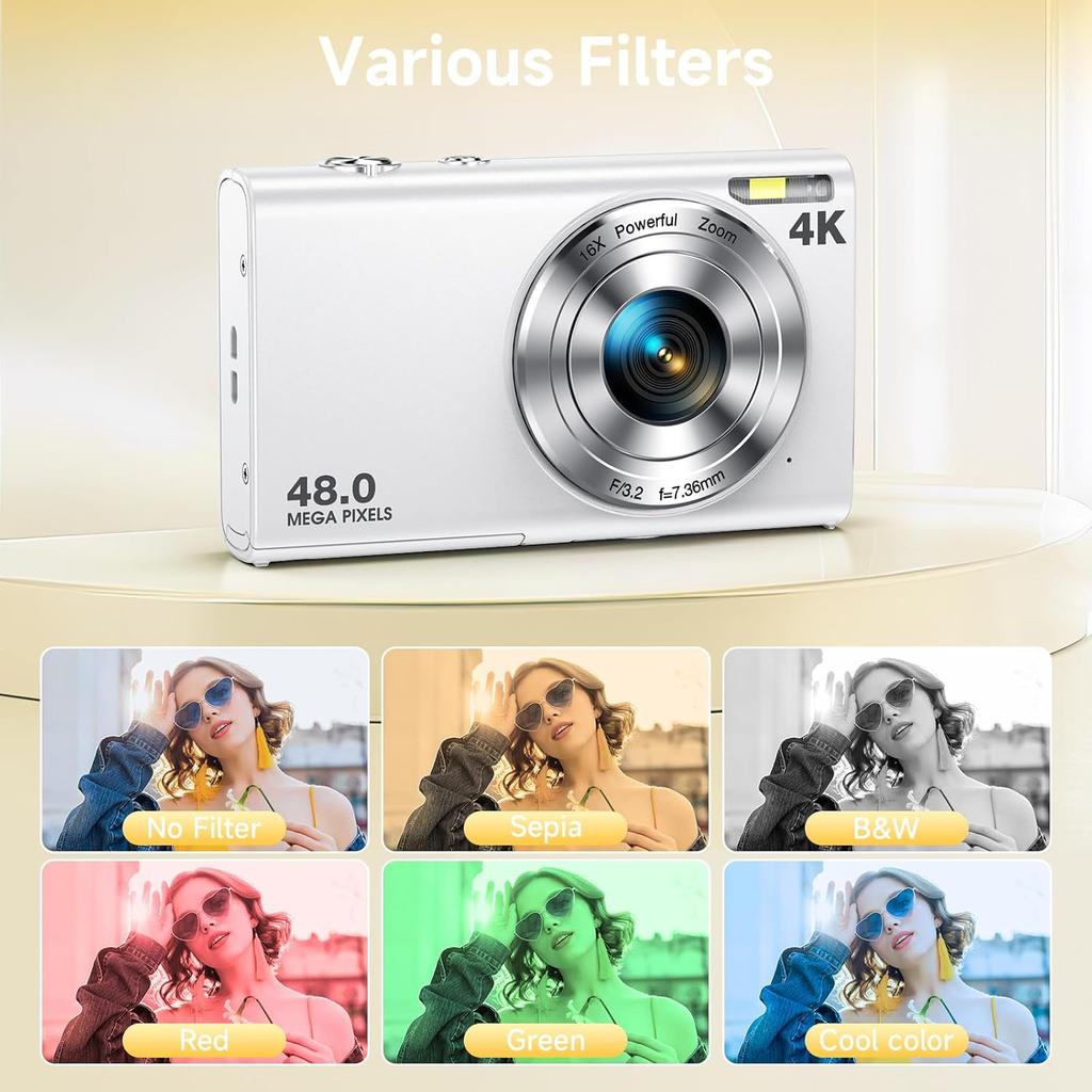 Digital Camera, Autofocus 48MP UHD 4K Vlogging Camera 16X Digital Zoom, Portable Compact Point and Shoot Digital Camera for Teens Adult Beginner with