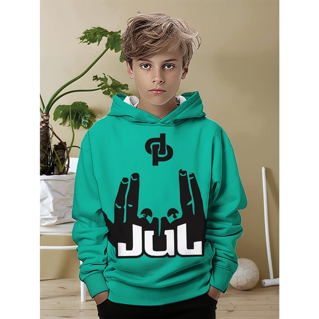 Boys' Hooded Sweatshirt, Rapper Gesture, Fun Gesture JUL Pattern, Blue Trendy and Fashionable Children's Clothing Top