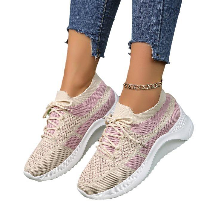 Flying Woven Mesh Casual Shoes Women's Spring and Autumn Thick-soled Color Matching Round Head Lace-up Sports Shoes Women
