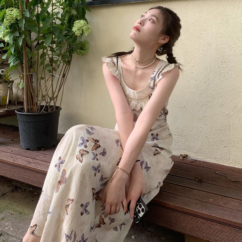 Summer 2025 Fashion Print Bufferfly Casual Long Dress Women Fashion Chic Ruffled Square Collar Dress Korean Elegant Bodycon Robe