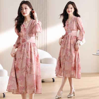 Robe Magnifique Romantique Rose Florale à Manches Lanternes pour l'Automne