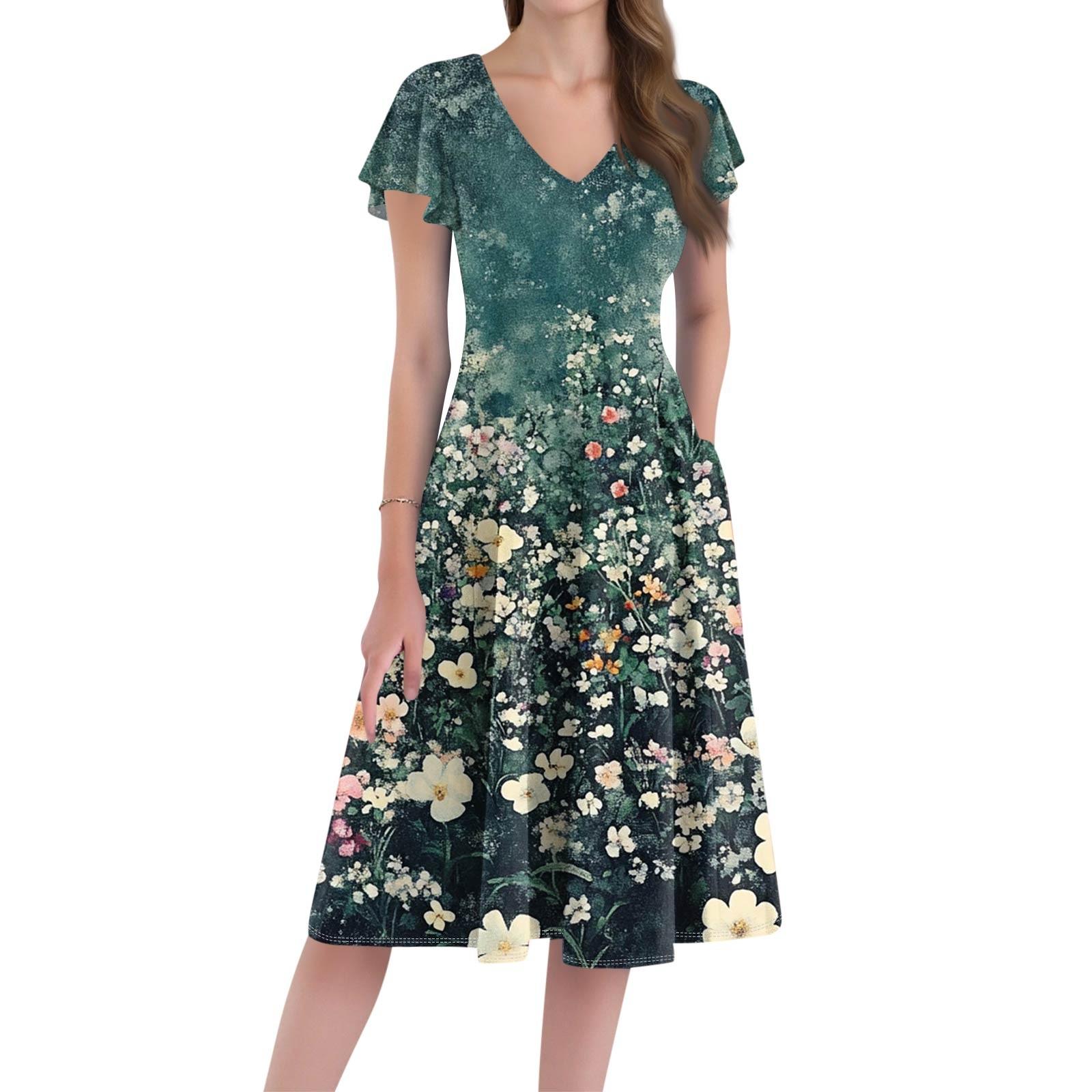 

Женское свободное повседневное и модное платье миди с V-образным вырезом и короткими рукавами с принтом L темно-зеленого