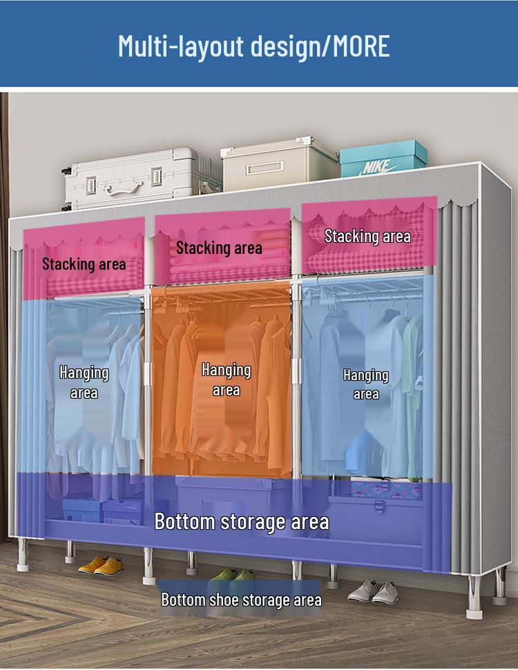 All-Steel Frame Thickened Cloth Wardrobe for Bedroom or Dormitory - Large Capacity Storage