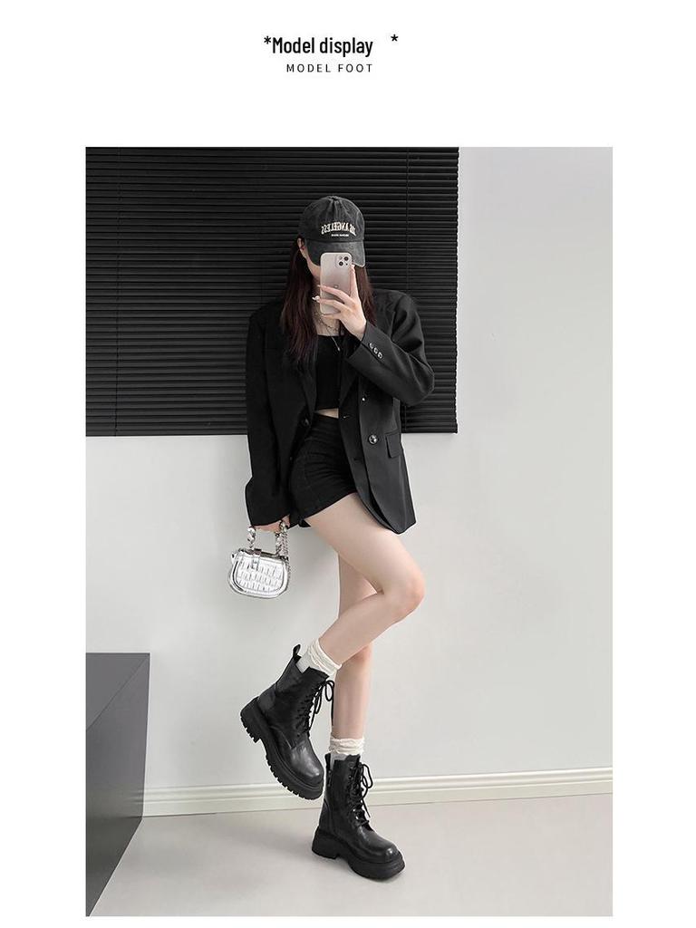 Thick-Soled Melard Women's British-Style Lace-Up Martin Boots, 2025 Round-Toe Chunky Heel Mid-Calf Short Boots