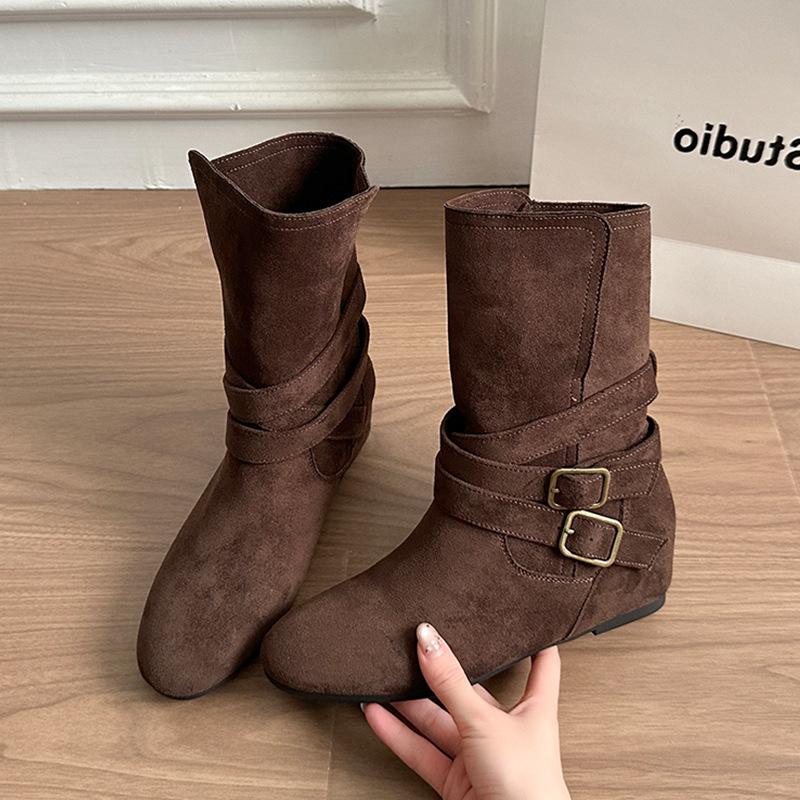 Vintage Suede Two-wear Stacked Short Boots Women's 0000 New Autumn Meradne Heightening Mid-tube Western Cowboy Boots