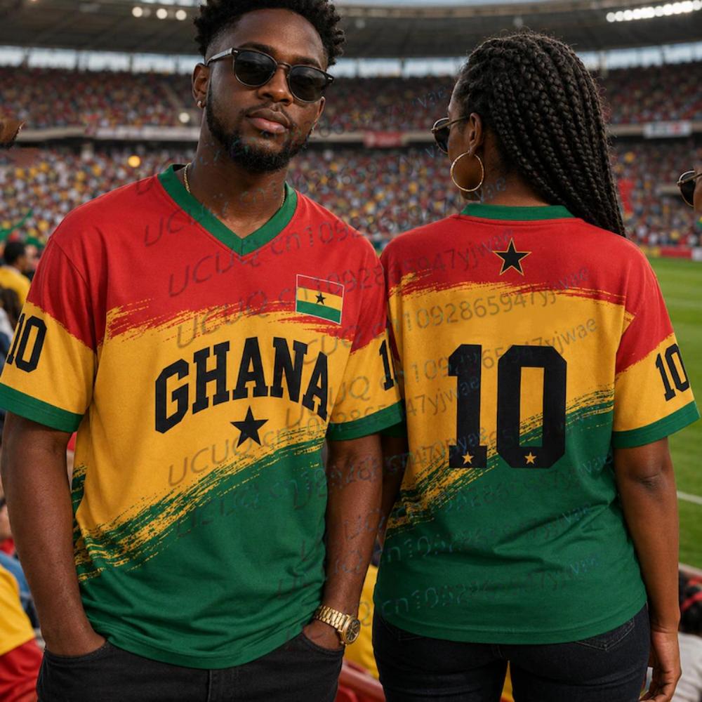 T-shirt Estiva Unisex con Stampa GHANA, Scollo a V, Manica Corta, Grafica, Maglie Taglie Forti, T-shirt Sportiva, Fan di Calcio