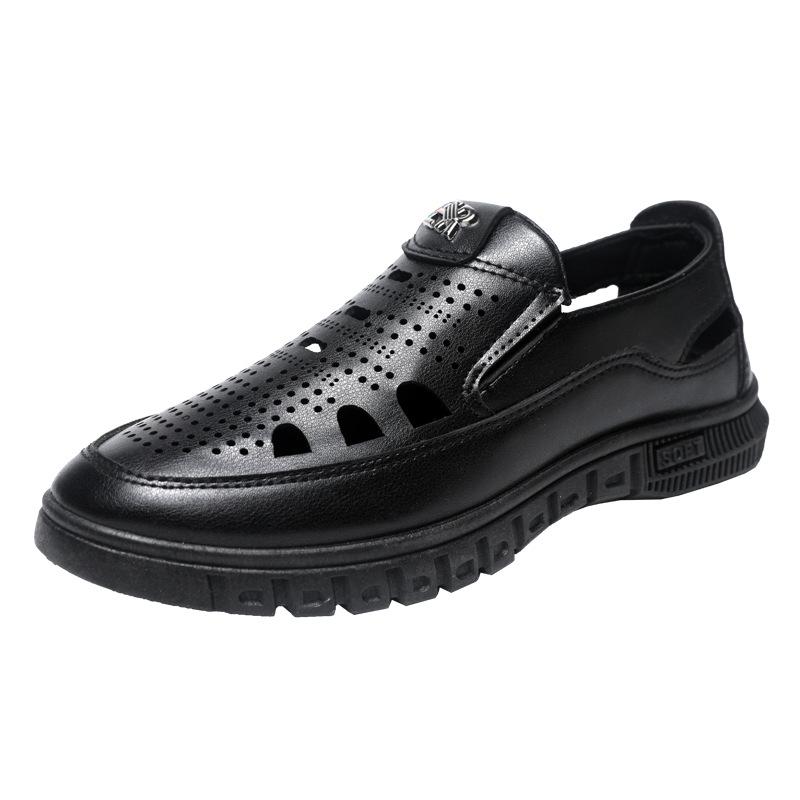 

2025 Spring and Summer Popular Men s Casual Sandals Middle-aged and Elderly Men Pedal Breathable Hole Shoes Hollow Leather Shoes 39 чёрный