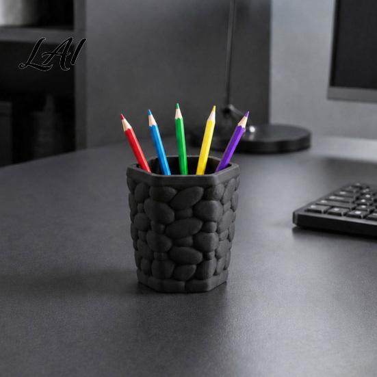 Creative Office Supplies Decor Pebble Texture Pen Holder Hexagonal Desktop Organizer Stable Anti-Tip 3D Large Capacity Organizer Printed PLA Storage