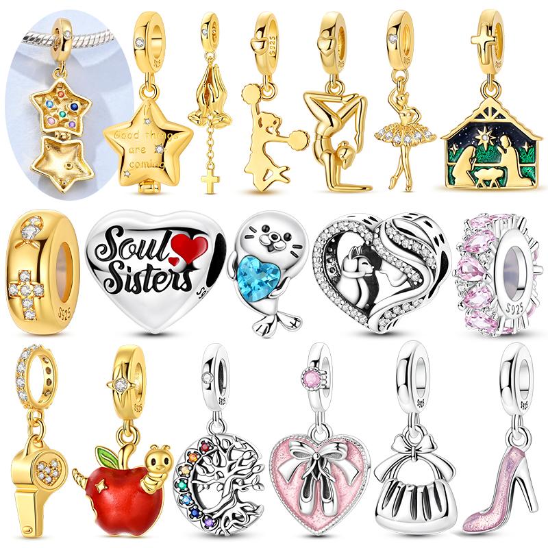 Charms 925 Silver Golden Lucky Star Ballet Shoe Heart Bead Pendant Charms Fit Bracelet Necklace Womens Jewelry