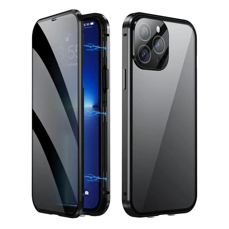360° Volledige Bescherming Metalen Magnetisch Dubbelzijdig Glas Kliksluiting Privacy Hoesje Voor iPhone 17 16 15 14 13 12 Pro Max Plus 17E 16E