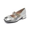 Augustine silver Mary Jane shoes women's 2025 new summer wear French thick heel with skirt light mouth single shoes