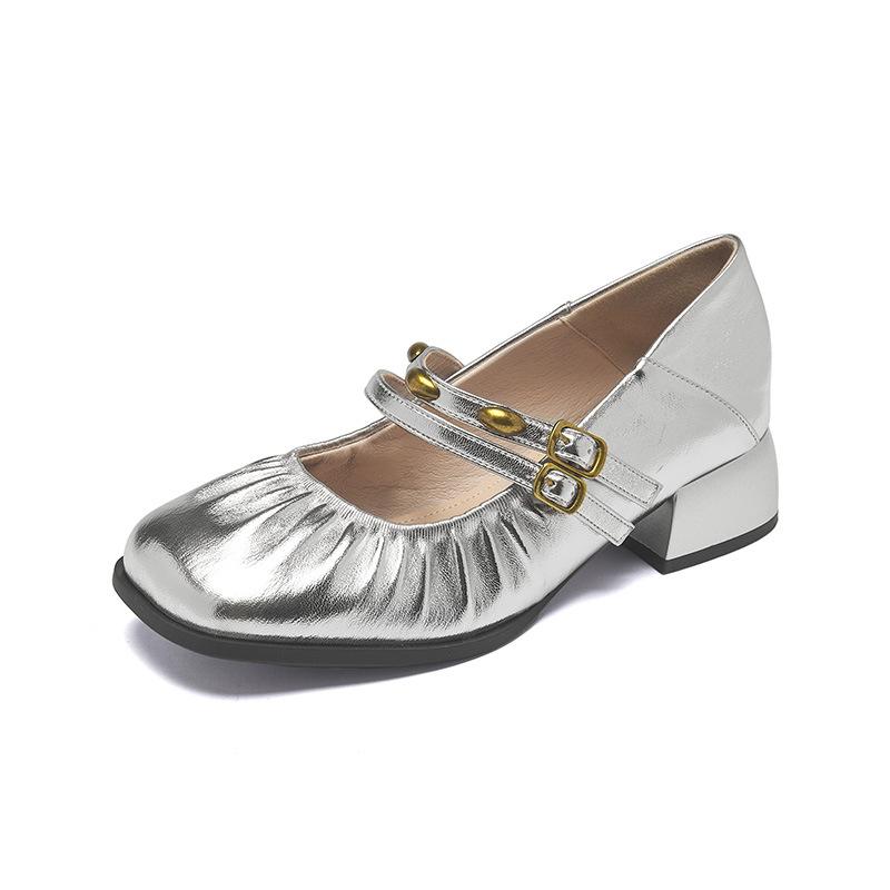 Augustine silver Mary Jane shoes women's 2025 new summer wear French thick heel with skirt light mouth single shoes