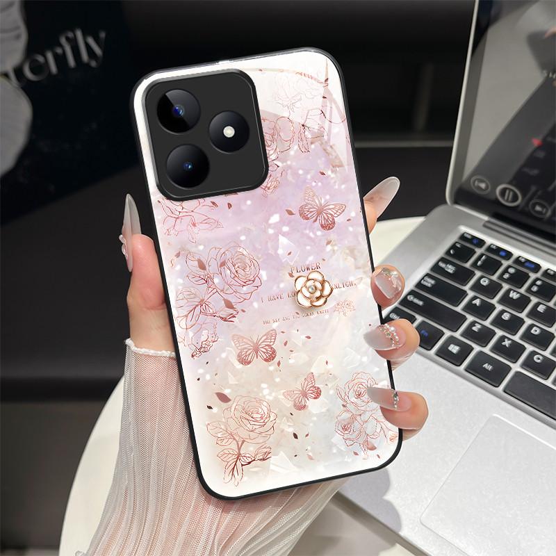 

Tempered Glass Hard Phone Case For Realme Note 50 C51 C51S C53 C55 C61 C63 C67 C33 Luxury Butterfly Flower Soft Shockproof Cover Realme C63