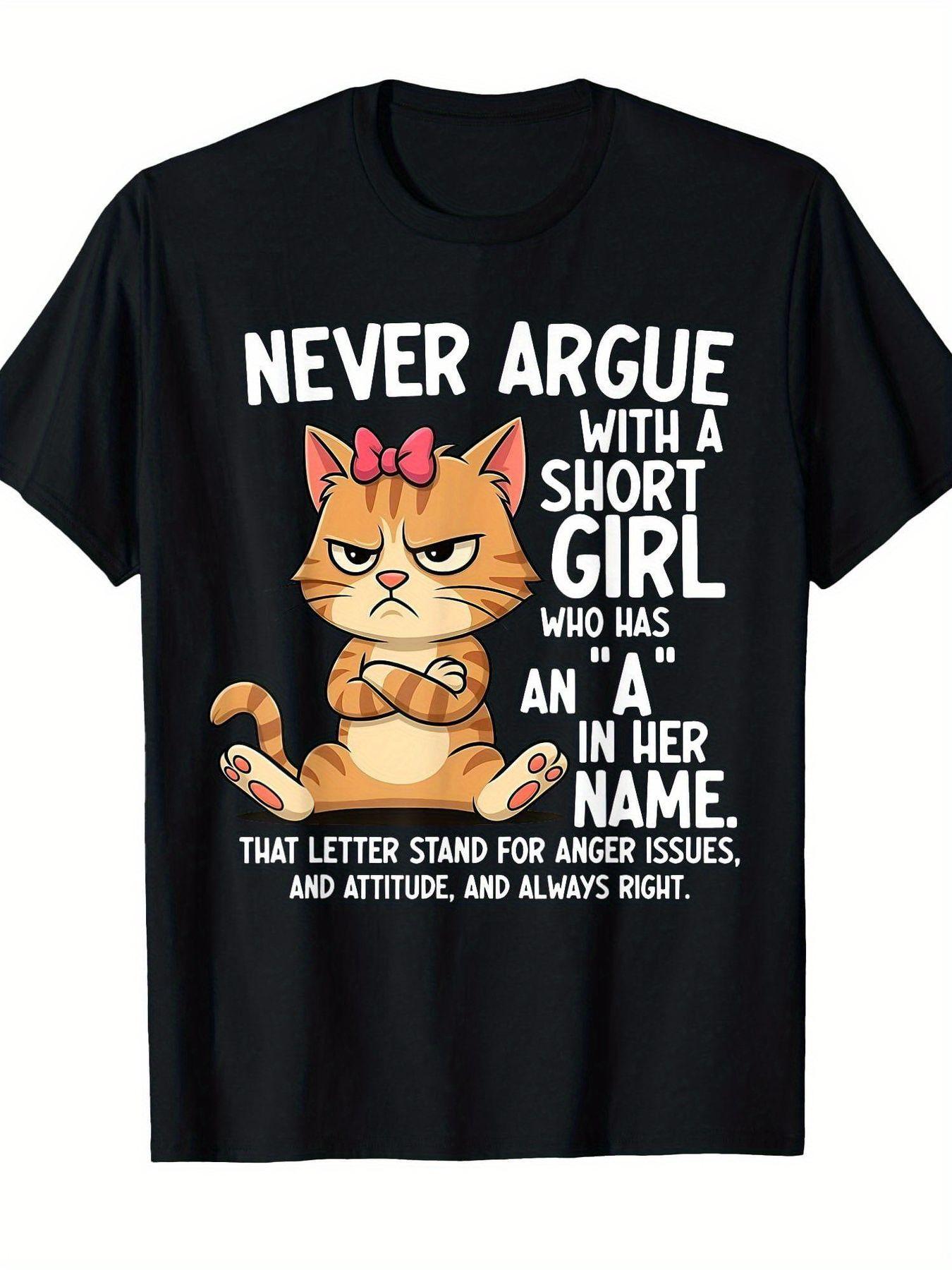 Angry Cartoon Cat Pattern T-Shirt - Personalized Black T-Shirt, Decorated with Orange Furry Cat and Playful Slogan S