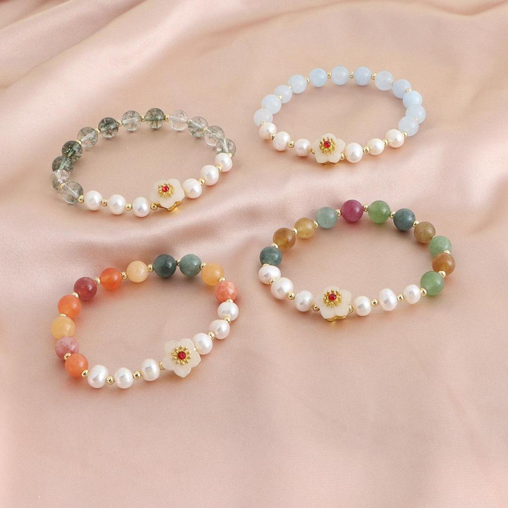 Natural Pearl & Rose Quartz Aquamarine Bracelet | Chinese Style Peach Blossom Jewelry