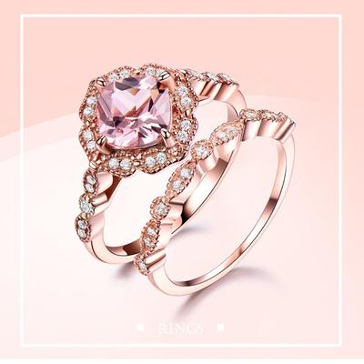 2-in-1 Exquisite Nano Morganite Floral Rings Set Valentine Proposal Gift Women Wedding Ring Jewelry