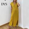 Loose Fit Solid Color Dress Womens Summer Casual Short Sleeve Midi V-neck Comfortable Lightweight Button Down Shirt for Daily Life Dating Work