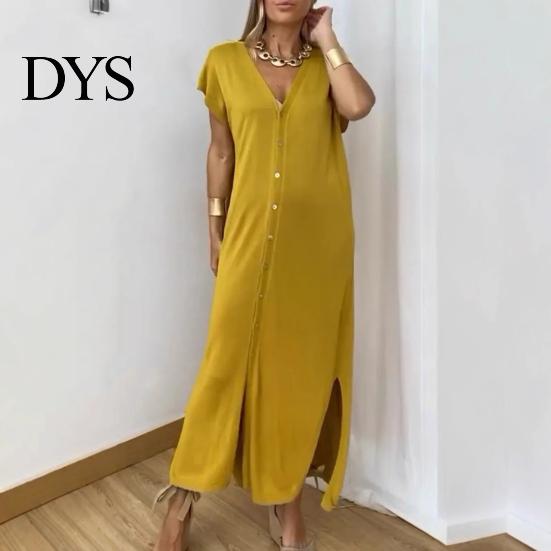 Loose Fit Solid Color Dress Womens Summer Casual Short Sleeve Midi V-neck Comfortable Lightweight Button Down Shirt for Daily Life Dating Work