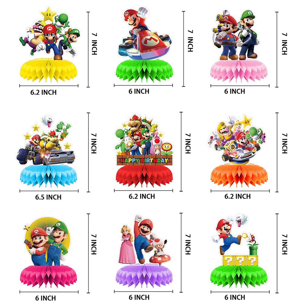 9 Stück Mario Waben-Mittelstücke Super Mario Party-Zubehör Tischdekorationen