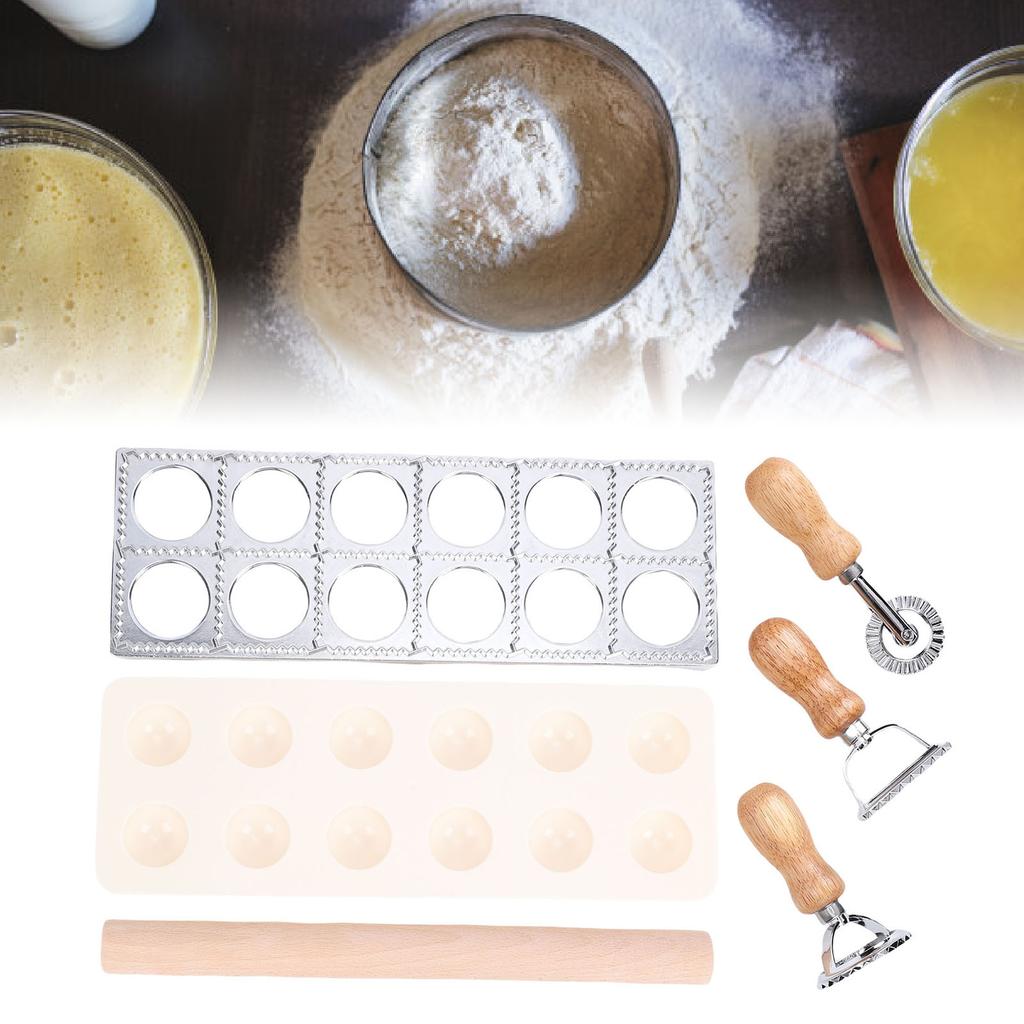Pasta Making Tools Kit 12 Hole Ravioli Stamp Maker Pasta Cutter Wood Pasta Rolling Pin for Kitchen