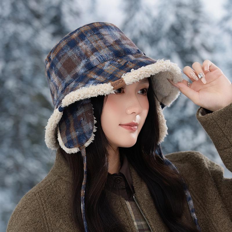 

Винтажная универсальная клетчатая панама осенне-зимняя шляпа женская бархатная шляпа-термос с большими полями и ушами One Size