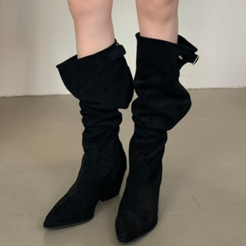 Fashion Eilyken Winter Vintage Pleated Knee High Boots Women Designer Buckle Pointed Toe Chunky Heels Zipper Botines De Mujer