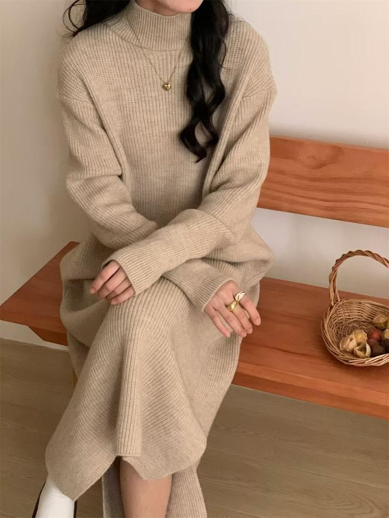 Solid color versatile semi-turtleneck knitted dress women's autumn and winter new loose inner matching coat sweater long dress