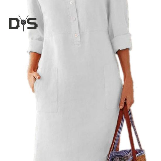 Podzim Jarní Dámské šaty s kulatým výstřihem Jednobarevné Knoflíky Volné Dlouhé rukávy Nášivka Kapsa Délka ke kolenům Neformální šaty na denní nošení