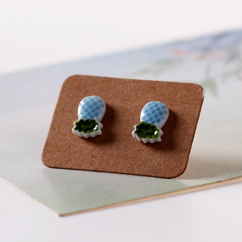 

Ceramic earrings with strawberry, cherry, and watermelon designs Cute and Sweet Fruit Earrings, New Jingdezhen Jewelry Light blue Polo earrings