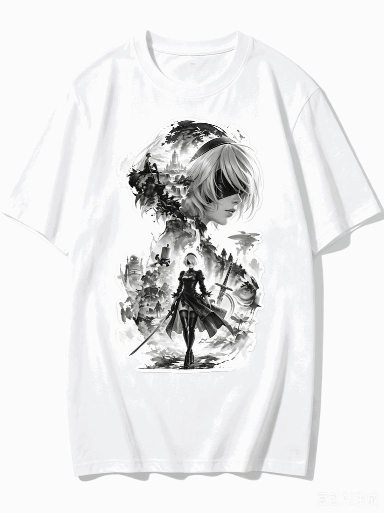 2026 New Unisex Crew Neck Casual Short Sleeve T-Shirt With Ink Wash Double Exposure 2B Print From NieR Automata T-shirt