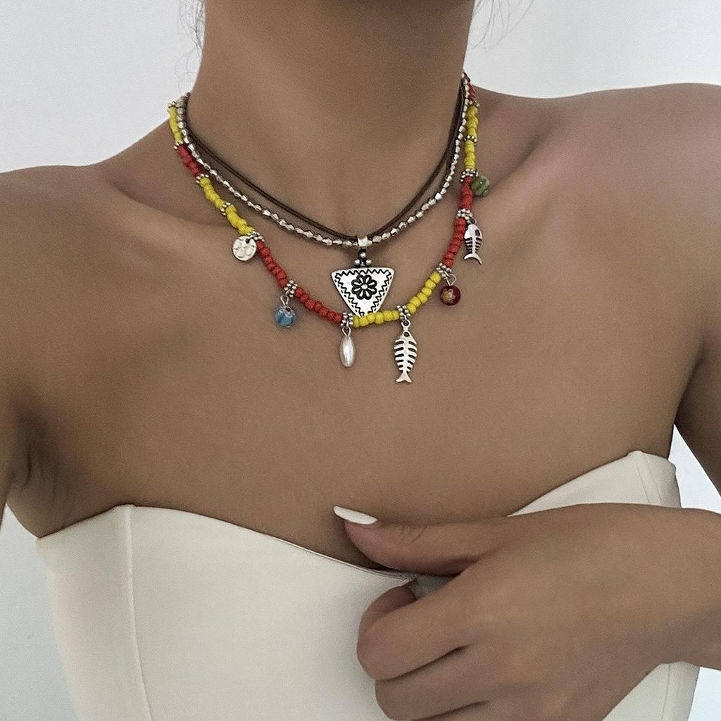 Bohemian Color Rice Beads Beaded Necklace Ethnic Style Fish Bone Flower Triangle Hang Tag Item Jewelry