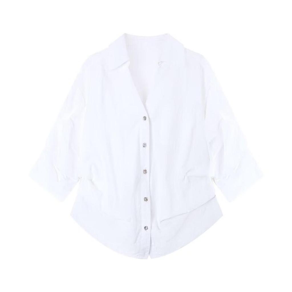 La Chapelle Women's Casual White Polo Collar Blouse