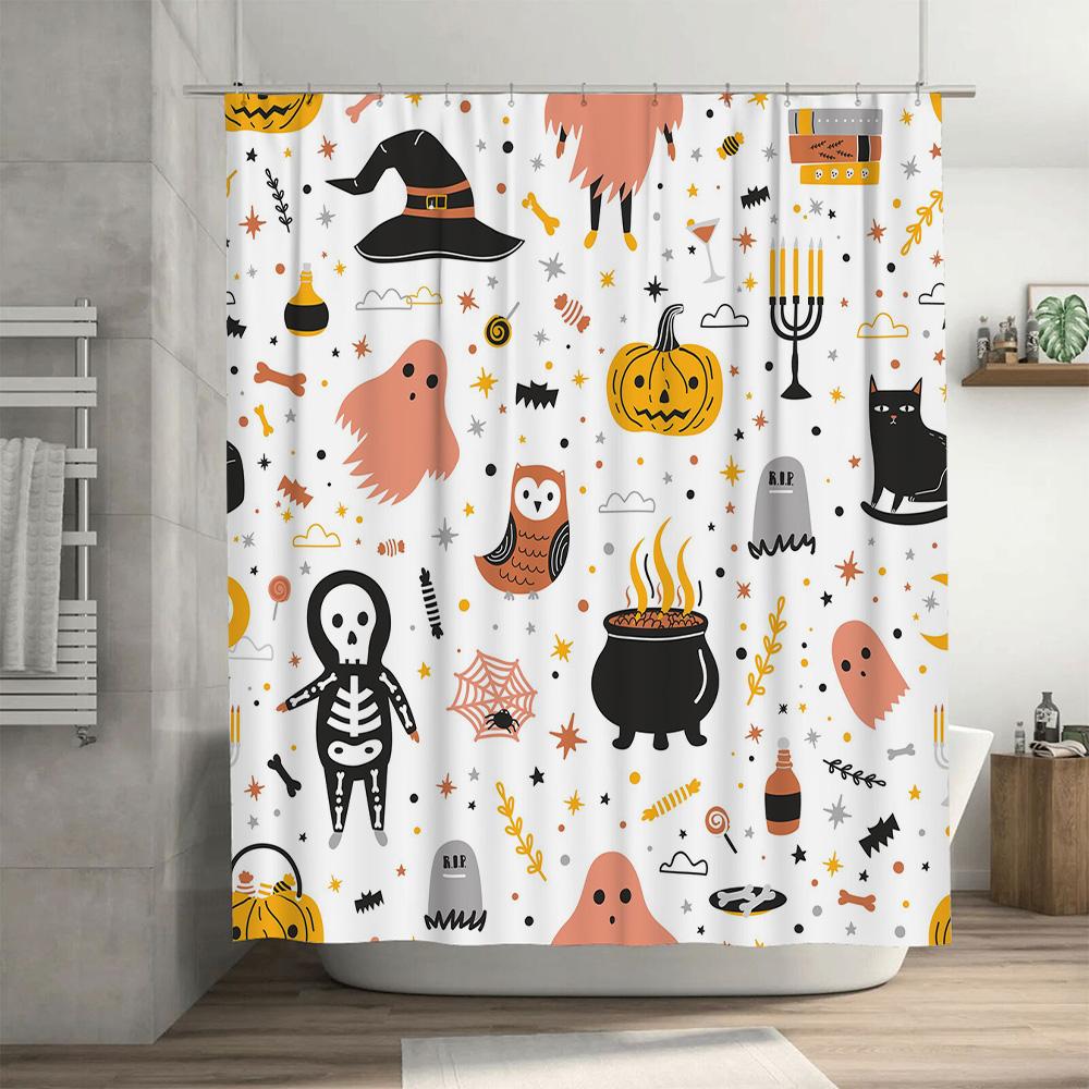 Halloween-themed Shower Curtain with Witch Hat Patterns for Home Decor In Bathroom Accessories White 75x180cm #364292