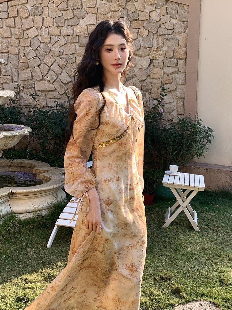 

Thirteenth Line: Stunning Floral Long Sleeve Dress S жёлтый/цветочный