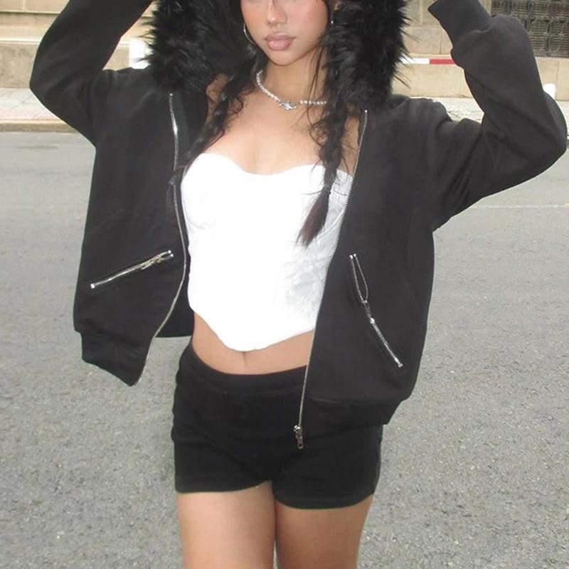 Goth Dark Faux Fur Collar Hooded Cardigans, Zip Up Hoodies, Gothic Grunge Pockets, Black Jackets, Female Y2k Streetwear
