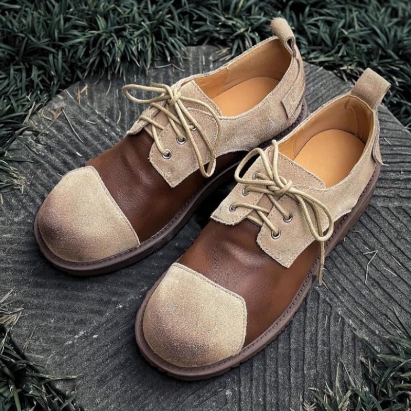 Fashion Retro British Style Leather Shoes Women Fashion Lace Up Patchwork Designer Shoes Comfortable Non Slip Chunky Heel Casual Shoes