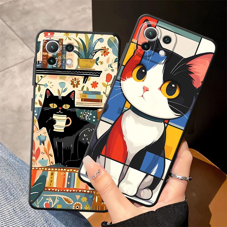 Cartoon Cat Case for Xiaomi Mi 12X 11 12 13 Lite 13 14 15 Pro 10T 11T 12T Pro Black Soft Phone Cover