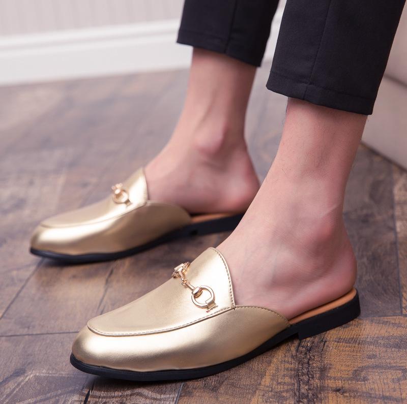 Half Slippers Summer No Heel Lazy Couple Slippers Horse Buckle Bean Shoe Leather Slippers