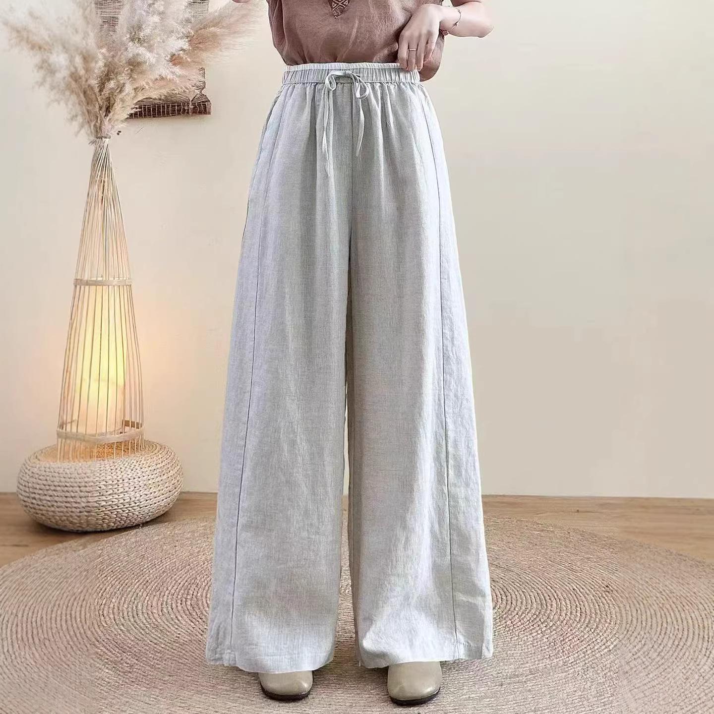 Women s Retro Linen Lace-Up Wide-Leg Pants - 2026 Spring Collection: Elastic Waist, Casual Fit One Size