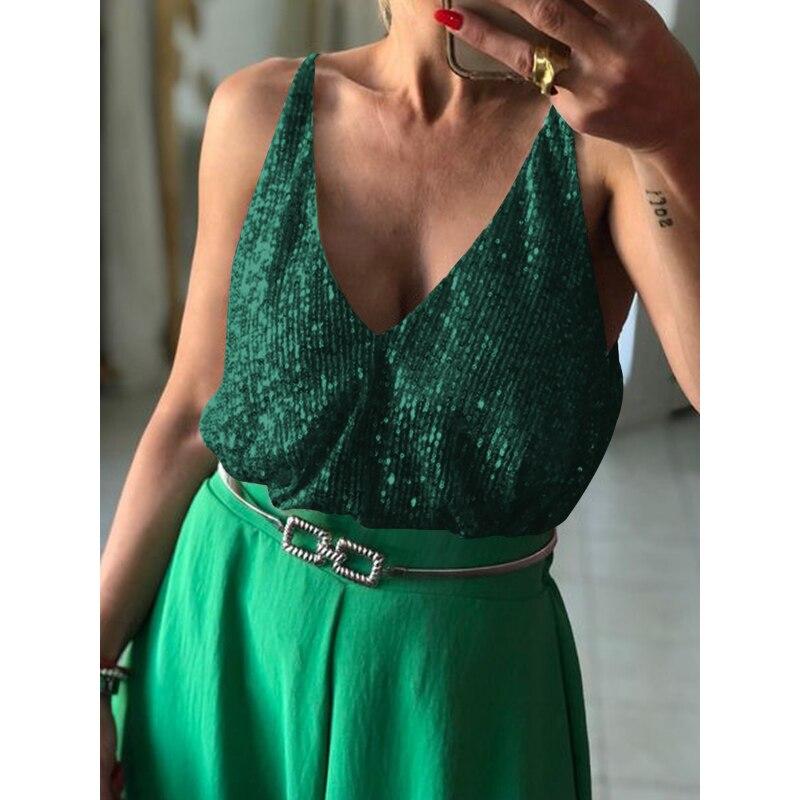 2023 Sommer Ermeløs Party Skjorte Mote Y2k V-hals Sexy Skinnende Topp Kvinner Ensfarget Camis Løs Streetwear Jente 25937