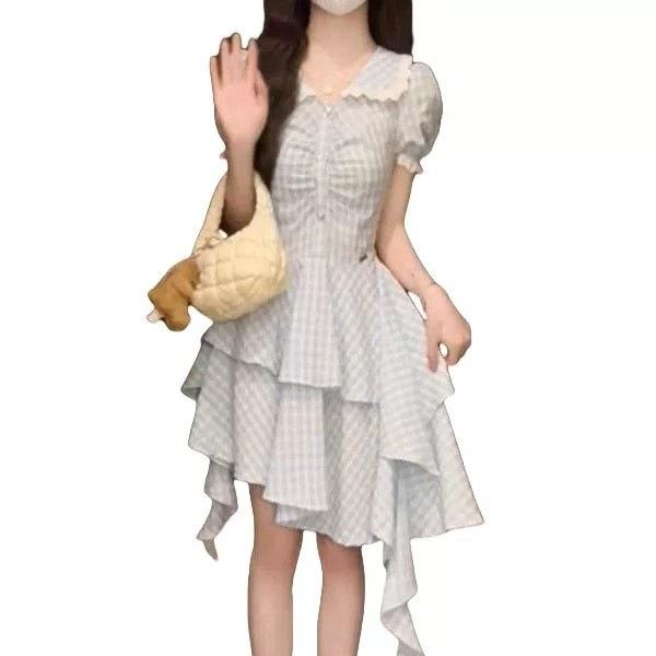 Blue plaid doll collar dress women's summer small retro college style design irregular short skirt