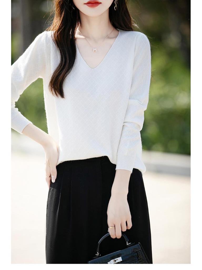 Autumn 2024 Women's Knitted V-Neck Sweater - Long-Sleeved Velvet Prismatic Korean Style