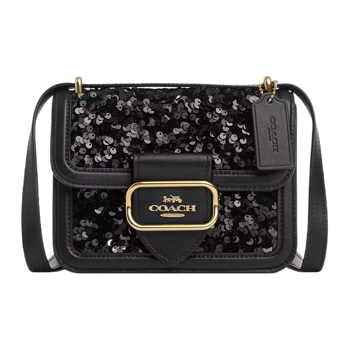 

Coach 18 Solid Color Logo Flap Snap Sequin Multifunctional Pocket Leather Shoulder Crossbody Bag Small Women bags Black CO922-IMBLK Basic Set (Bag+Dust Bag)