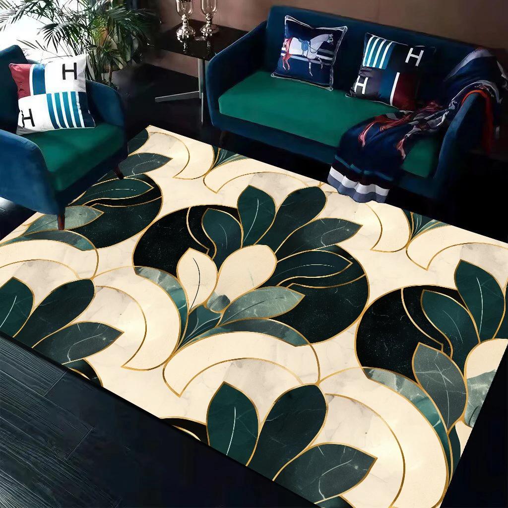 Dark Green Geometry Carpet Living Room Sofa Table Side Rug Golden Line Bedroom Decoration Rugs Parlor Study Decor Mat Non Slip