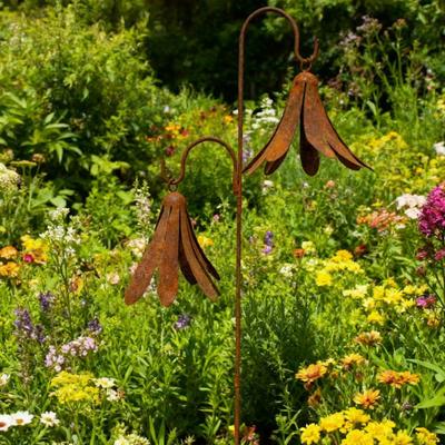 Dual Bells Garden Stake Rustic Wind Chime Yard Art Outdoor Iron Wind Bell Stake for Lawn Yard Patio Garden Pathway Decor